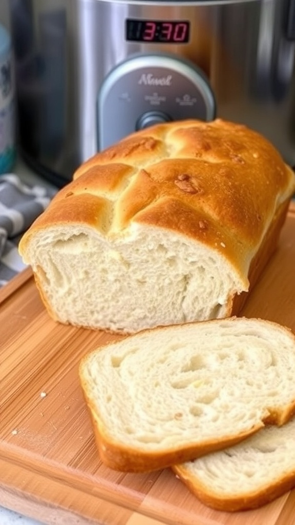 Freshly baked loaf of bread on a cutting board with slices, next to a bread machine.
